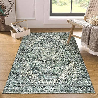 BILEEHOME Green Area Rug 5x7 Machine Washable Rug for Bedroom Living Room Boho Vintage Oriental Farmhouse Floral Carpet, Dark Green
