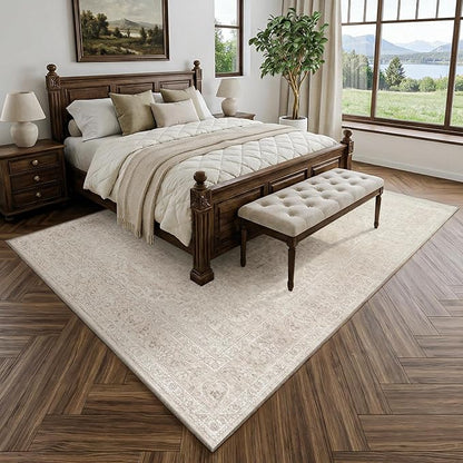 FMFUNCTEX 5x7 Washable Area Rug Neutral Beige Vintage Distressed Oriental Non Slip Low Pile Floral Rug for Living Room Bedroom Cream Traditional Soft Thin Retro Indoor Carpet for Dining Room Office
