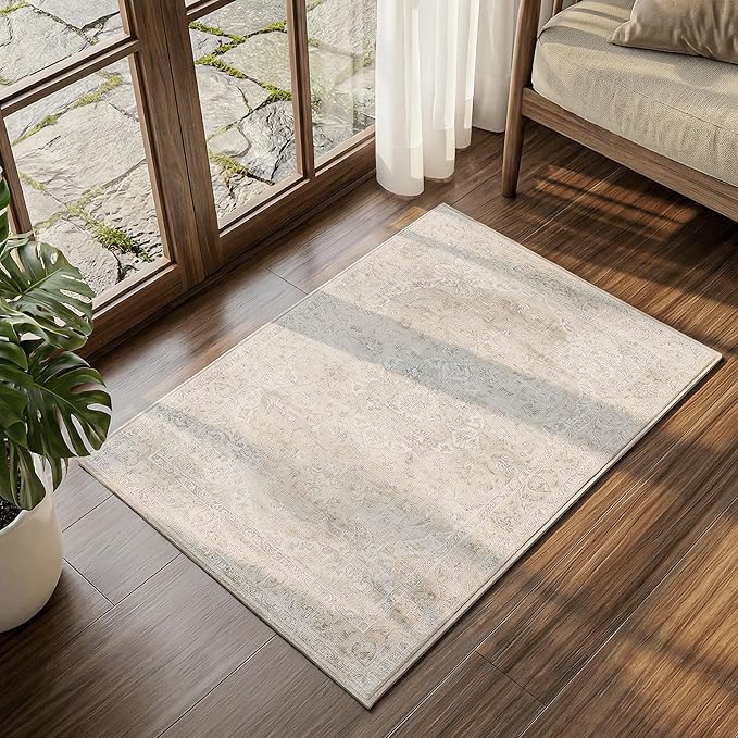 FMFUNCTEX Entryway Rug 2x3 Beige Washable Neutral Vintage Distressed Oriental Door Mat Non Slip Low Pile Indoor Carpet Soft Retro Small Throw Area Rugs for Entry Way Entrance Kitchen Bathroom Bedroom