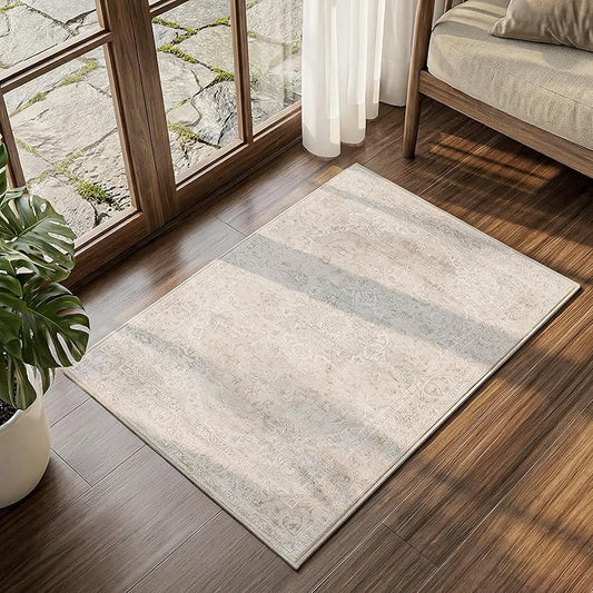 FMFUNCTEX Entryway Rug 2x3 Beige Washable Neutral Vintage Distressed Oriental Door Mat Non Slip Low Pile Indoor Carpet Soft Retro Small Throw Area Rugs for Entry Way Entrance Kitchen Bathroom Bedroom