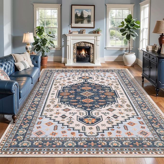 Tangsoo Washable 5x7 Area Rug for Living Room,Vintage Large Rugs Print Distressed Floral Carpet,Blue Beige Low Pile Foldable Floor Rug for Bedroom Dining Room Home Office Decor