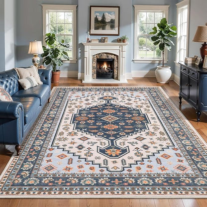 Tangsoo Washable 5x7 Area Rug for Living Room,Vintage Large Rugs Print Distressed Floral Carpet,Blue Beige Low Pile Foldable Floor Rug for Bedroom Dining Room Home Office Decor
