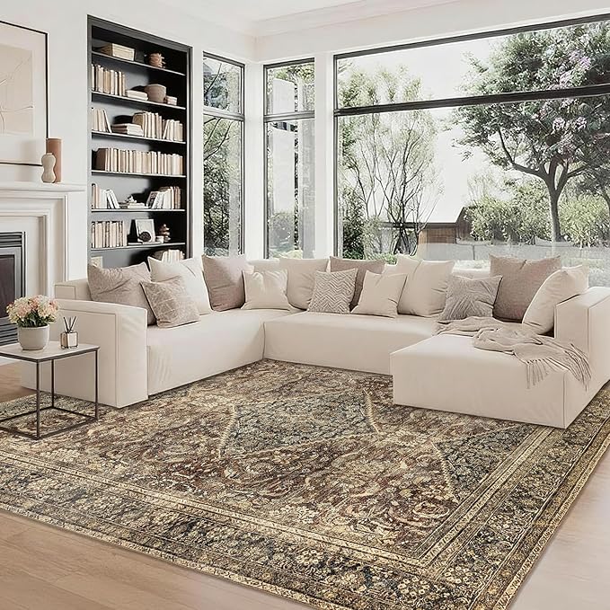 Brown 8x10 Area Rug: Vintage Washable Rugs for Living Room Dining Room Office Bedroom Indoor - Soft Non-Slip Large Carpet Home Decor - Oriental Dark Brown