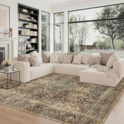 Washable 10x14 Area Rug: Vintage Brown Rugs for Living Room Bedroom Dining Room Office Indoor - Soft Non-Slip Large Carpet Home Decor - Oriental Dark Brown