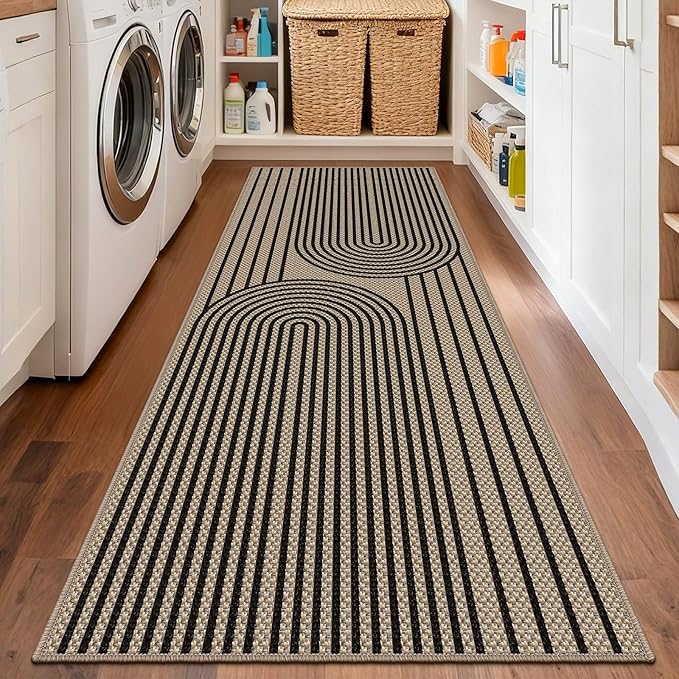 Easy Jute Hallway Runner Rug, 2' x 6' Kitchen Runner, Black Farmhouse Ultra-Thin Washable Non-Slip Carpet Runner for Laundry, Bedroom, Backyard, Outdoor, Home Decor