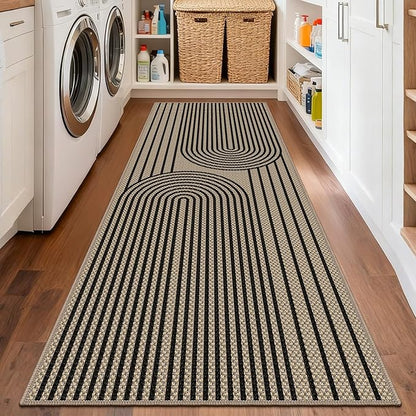 Easy Jute Hallway Runner Rug, 2' x 6' Kitchen Runner, Black Farmhouse Ultra-Thin Washable Non-Slip Carpet Runner for Laundry, Bedroom, Backyard, Outdoor, Home Decor