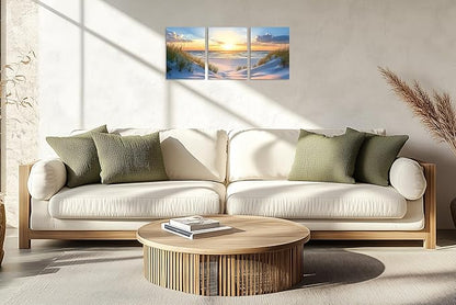 TutuBeer 3 Pcs Beach Pictures Ocean Pictures Wall Decor White Beach with Dunes and Grass Picture Print on Canvas Ocean Seascape Paintings Canvas Art Prints Wall Decor Ready to Hang 16" x 24" x 3