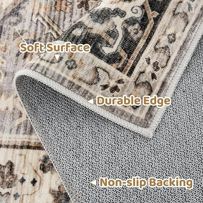 Area Rug for Living Room - 8x8 Soft Machine Washable Oriental Vintage Floral Distressed Large Indoor Floor Carpet for Bedroom Under Dining Table Home Office Decor - Brown