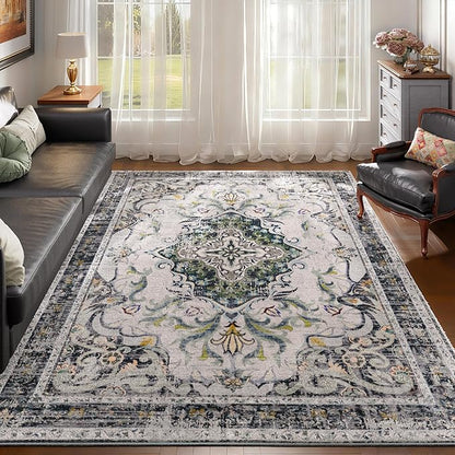 RUSHUFFY 5x7 Washable Area Rugs for Bedroom, Vintage Boho Distressed Print Pattern Rugs for Living Room, Soft Non-Slip Carpet for Indoor Dining Room Nursery Farmhouse Girls Room, Grey White