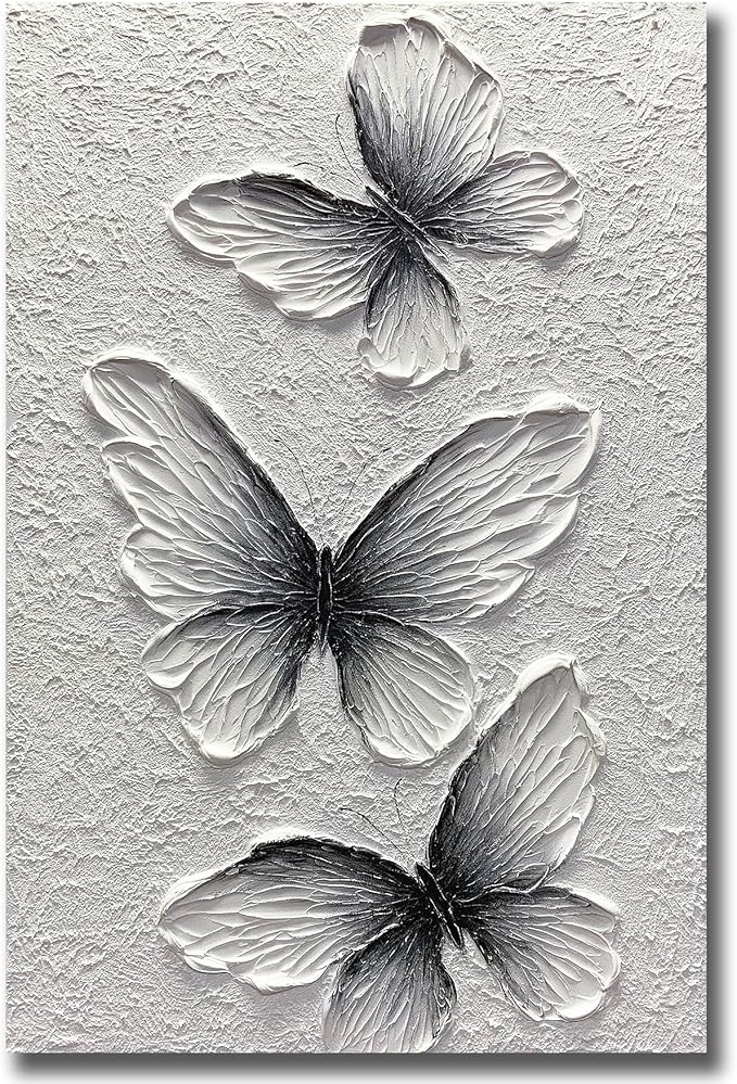 Boiee Art,24x36Inch Handmade Oil Painting Butterfly Wall Art Hand Painted Black and White Canvas Paintings Modern Abstract Home Wall Decorative Art