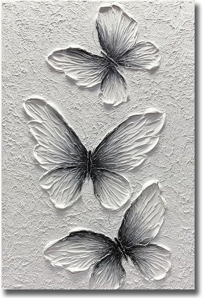 Boiee Art,24x36Inch Handmade Oil Painting Butterfly Wall Art Hand Painted Black and White Canvas Paintings Modern Abstract Home Wall Decorative Art