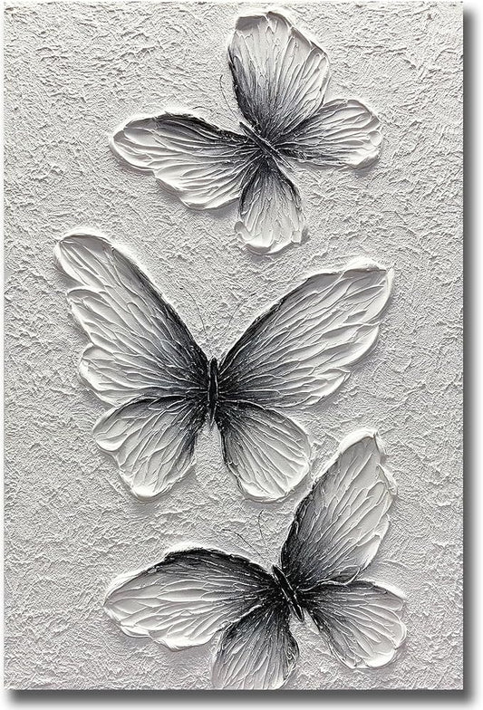Boiee Art,24x36Inch Handmade Oil Painting Butterfly Wall Art Hand Painted Black and White Canvas Paintings Modern Abstract Home Wall Decorative Art