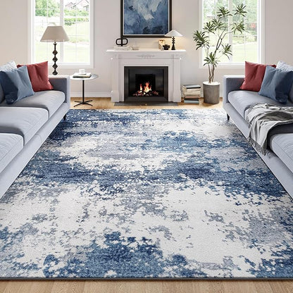 Blue Washable Rug 6x9 Area Rugs for Living Room Bedroom Carpet, Indoor Vintage Abstract Boho Large Rug Non Slip Faux Wool Rugs for Dorm, Dining Room Table, Nursery, Kids Playroom, Navy