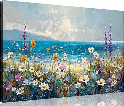 TutuBeer 1 Pcs Boho Beach Coastal Vintage Floral Wall Picture Rustic Wildflower Field Vintage Wall Art Canvas Prints Daisy Flowers Sea Canvas Print Farmhouse Wall Art for Home Wall Decor 12x18inch