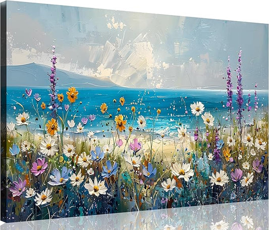 TutuBeer 1 Pcs Boho Beach Coastal Vintage Floral Wall Picture Rustic Wildflower Field Vintage Wall Art Canvas Prints Daisy Flowers Sea Canvas Print Farmhouse Wall Art for Home Wall Decor 16x24inch