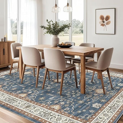 10x12 Area Rug for Living Room- Machine Washable Soft Oriental Vintage Large Indoor Floor Carpet for Bedroom Under Dining Table Home Office Decor - Dark Blue