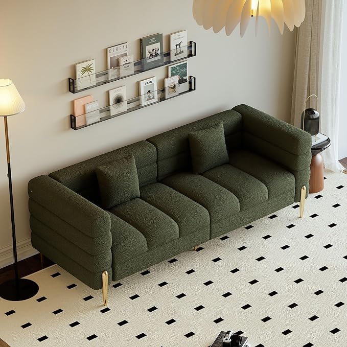 homary Boucle Sofa 79”, Modern 3 Seater Couch with Pillows, Deep Seat Upholstered Sofa for Living Room, Soft Channel-Tufted Design, Solid Wood Frame & Metal Legs(Boucle, Evergreen)