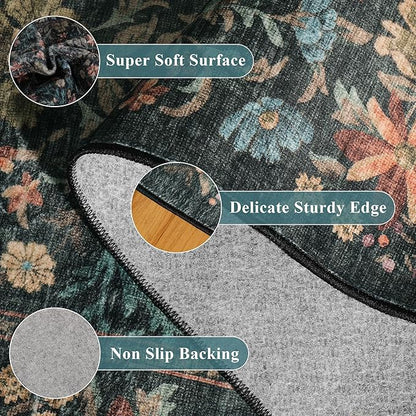 DUKINO 6x9 Rugs for Living Room, Vintage Washable Rug with Non Slip Backing, Floral Low Pile & Non-Shedding Large Area Carpets for Bedroom, Dining Room, Farmhouse, Home Office, Blue