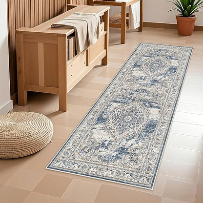 Washable Hallway Runner Rugs 2x6: Soft Ultra Thin Low Pile Carpet Machine Washable Indoor Lightweight Rug Runner Anti Slip Backing Rugs for Living Room Bedroom Kitchen 2'x6' Blue