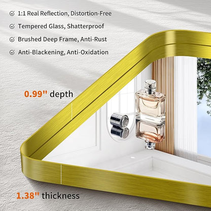 CIRCUMI Gold Bathroom Mirror, 36"x60" Rectangular Mirror with Deep Metal Frame, Rounded Corner, Tempered Glass, Large Mirror for Wall, Over 2 Sinks, Installed Vertically/Horizontally, Crystal-Clear