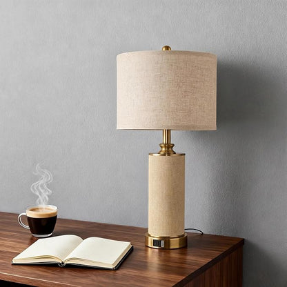 25.5"Boho Weaving Gold Large Table Lamps set of 2, Touch Control 3-Way Dimmable Farmhouse Bedside Lamps with Beige Lamp Shades & USB A+C Charging Ports for Living Room/Bedroom (2 LED Bulbs Included)