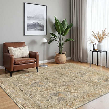 Bavni Washable Rug 6x9 Area Rug for Living Room Bedroom Dining, Washable Vintage Print Carpet, Ultra-Thin Chenille Low Pile Lightweight Rug with Non Slip Backing, Wood