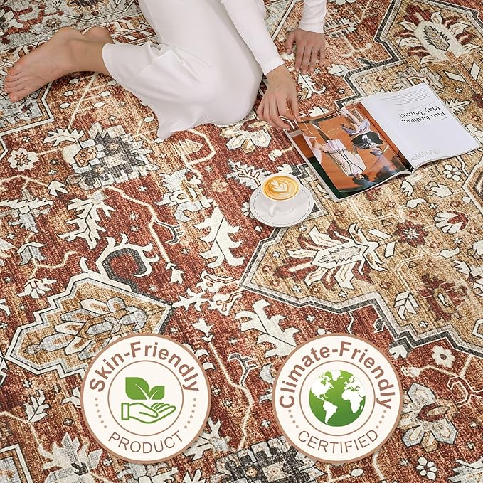 10x14 Area Rugs Living Room: Machine Washable Boho Large Vintage Soft Rug Stain Resistant Farmhouse Oriental Non Slip Indoor Carpet for Bedroom Nursery Kids Playroom Office Dining Room- Red Brown