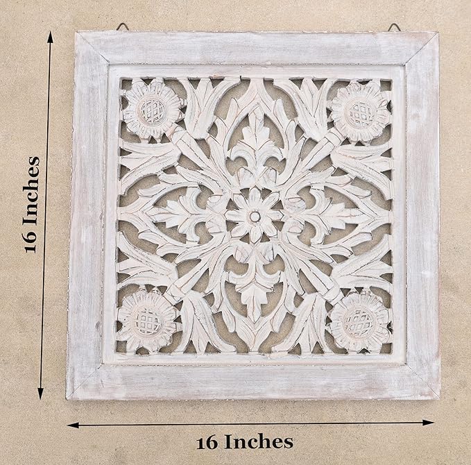 DharmaObjects Handcrafted Lotus Wood Wall Panel Decor Hanging Art 16" X 16" (White Washed)