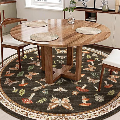 Mushroom Insect 7ft Round Rug Washable Non-Slip Soft Ultra-Thin Large Boho Circle Carpet for Entryway Kitchen Bedroom Nursery Dining Room Brown