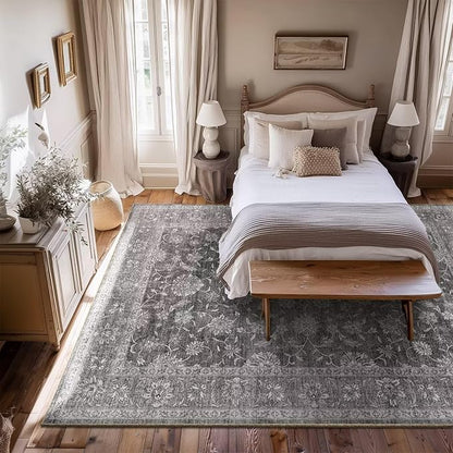 Washable 6x9 Area Rugs for Living Room, Boho Non-Slip Vintage Distress Large Rugs for Bedroom Dining Room Nursery Office, 0.3" Neutral Oriental Throw Thin Carpet, Grey/Multi, E3