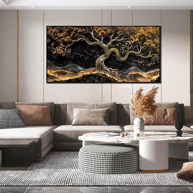 Black and Gold Canvas Wall Art for Living Room - Tree Wall Decor for Bedroom - Large Modern Framed Wall Art for Office Size 29" x 59"