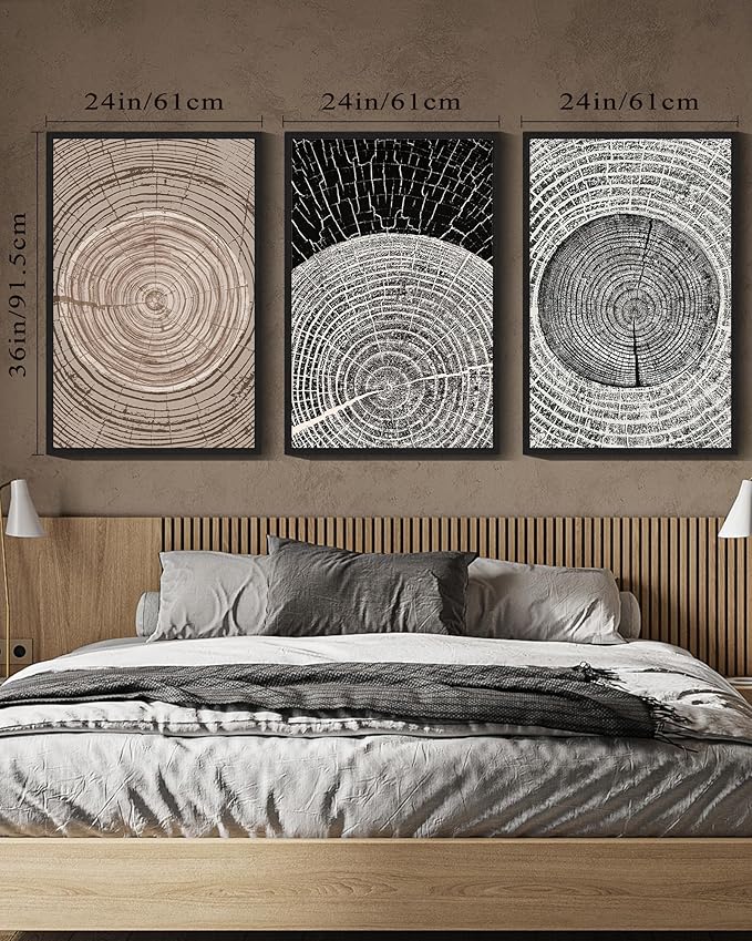 PHOPAGO Vintage Wood Tree Rings Wall Art Large 24x36in Farmhouse Rustic Framed Canvas Paintings Living Room Bedroom Decor Nature Artwork Black Framed