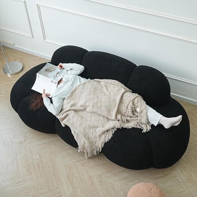 Modern Curved Sofa, 3 Seater, Soft Sherpa Upholstered Sofa, Minimalist Style Comfy Cloud Couch for Living Room Apartment, Black