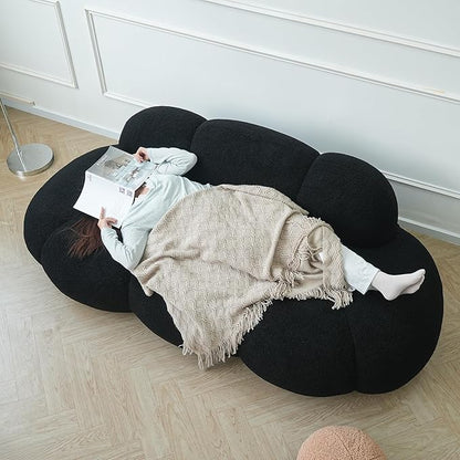 Modern Curved Sofa, 3 Seater, Soft Sherpa Upholstered Sofa, Minimalist Style Comfy Cloud Couch for Living Room Apartment, Black