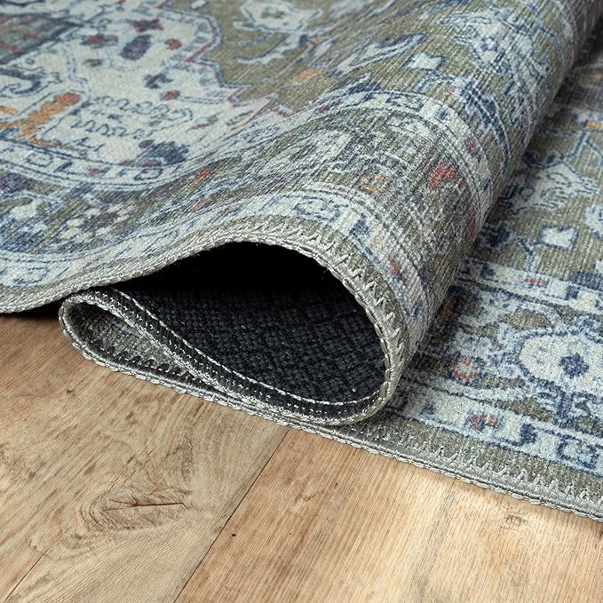 Bloom Rugs Washable Non-Slip 6' x 9' Rug - Green/Blue Traditional Medallion Area Rug for Living Room, Bedroom, Dining Room, and Kitchen - Exact Size: 6' x 9'