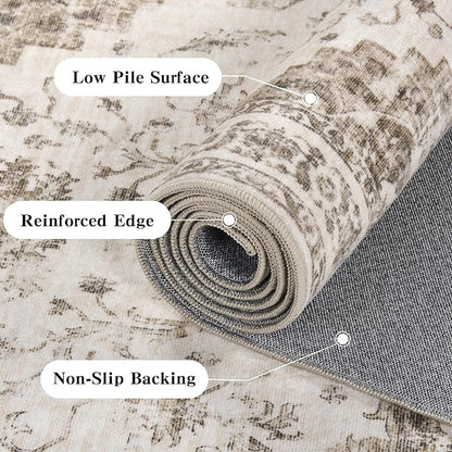 6x9 Vintage Washable Area Rugs Boho Medallion Large Distressed Retro Accent Carpet Floral Non-Slip Soft Low Pile Indoor Throw Rug for Living Room Bedroom Dining Room Office Kitchen, Taupe
