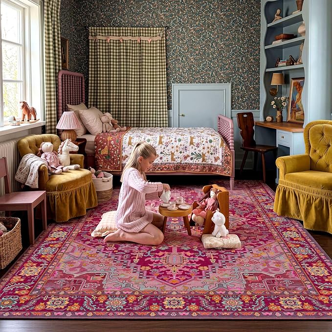 Kokia 6x9 Washable Magenta Hot Pink Area Rugs with Vintage Orient Design Soft Rug for Living Room or Home Office Non-Slip Low Pile Stain Resistance Features Distressed Medallion Pattern