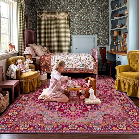 Kokia 6x9 Washable Magenta Hot Pink Area Rugs with Vintage Orient Design Soft Rug for Living Room or Home Office Non-Slip Low Pile Stain Resistance Features Distressed Medallion Pattern