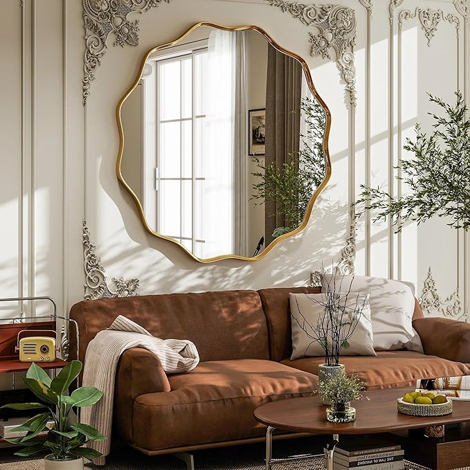 VooBang Gold Scalloped Circle Mirror, 36" Wavy Edge Round Wall Mirror with Tempered Glass Textured Circular Metal Deep Frame, Hanging Leaning for Bathroom, Hallway, Entryway, Livng Room