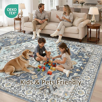 8x11 Washable Area Rugs for Living Room: Non Slip Vintage Blue Yellow Rug, Large Soft Stain Resistant Indoor Floor Carpets for Bedroom Dining Room Nursery Home Office Kid & Pet Friendly