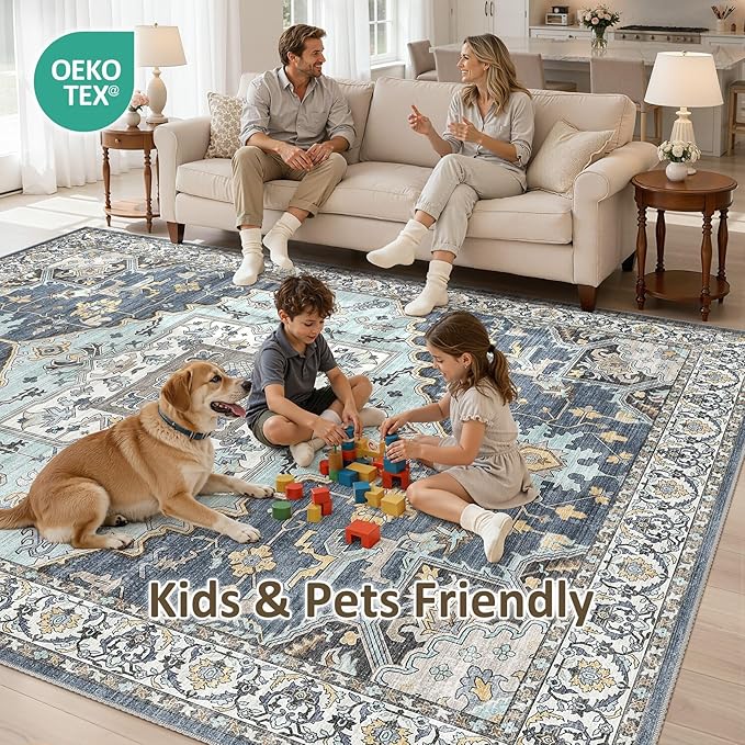7x9 Washable Area Rugs for Living Room: Non Slip Vintage Blue Yellow Rug, Large Soft Stain Resistant Indoor Floor Carpets for Bedroom Dining Room Nursery Home Office Kid & Pet Friendly