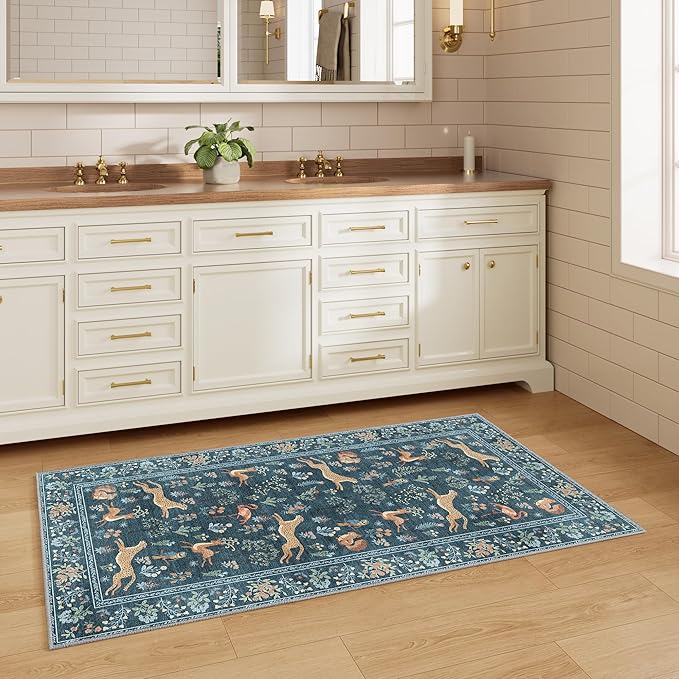 DUKINO 2x4 Rug for Hallway, Washable Kitchen Runner Rug with Non Slip Backing, Soft Low Pile Vintage Animal Runner for Bedroom, Kitchen, Hallway, Entryway, Laundry, Blue