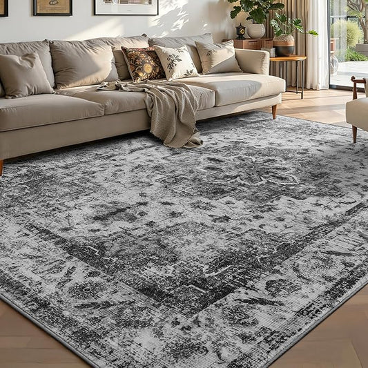 YOH Boho Washable Rug 4x6, Black Vintage Non Slip Area Rug, Distressed Indoor Carpet for Living Room Bedroom Kitchen Office