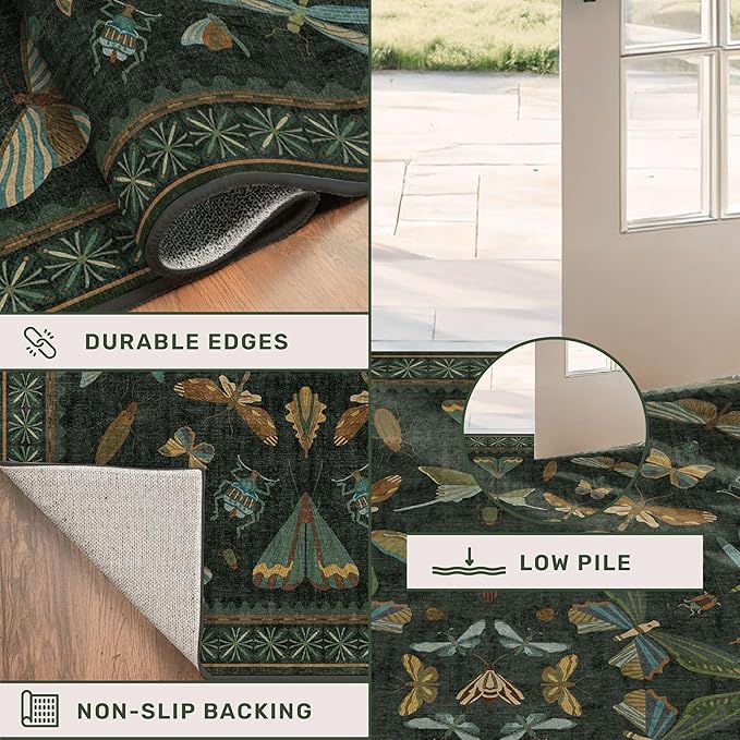 Hazo Haus 2x3 Entry Way Rugs Indoor - Dark Green Small Throw Rug for Kitchen, Bathroom, Insect Boho Design, Washable Non Slip Stain Resistant