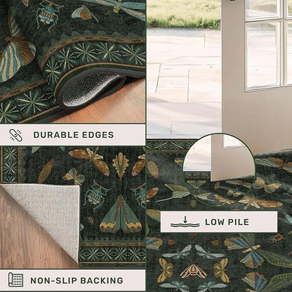 Dark Green 2'6"x12' Long Runner Rugs for Hallway - Boho Wide Washable Non Slip Rug for Indoor Entryway, Kitchen, Low Pile Vintage Whimsical Insect Moth Design, Stain Resistant Ultra Soft Carpet