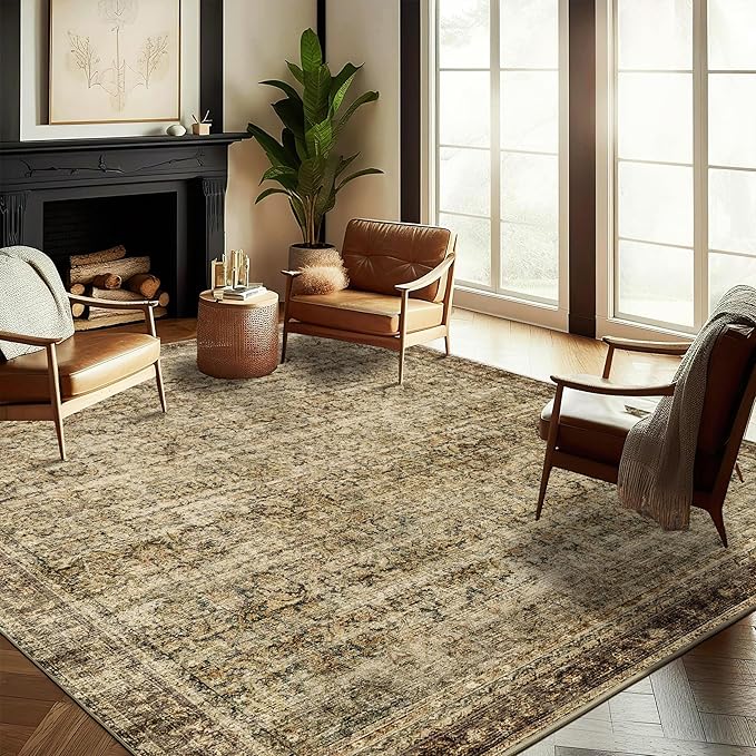 CHAMPLANT 5x7 Washable Area Rug Vintage Brown Traditional Floor Cover Foldable Thin Rug Kitchen Accent Rug Indoor Distressed Non Slip Carpet Floral Print Mat Bedroom Living Room Bathroom