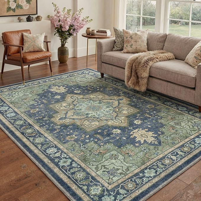 GENIMO 8x10 Area Rugs for Living Room, Machine Washable Rug, Non Slip Indoor Vintage Carpet, Low Pile Lightweight Chenille Print Carpet for Bedroom Dining Room Home Office, Green & Navy