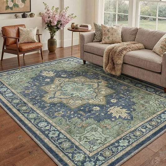 GENIMO 8x10 Area Rugs for Living Room, Machine Washable Rug, Non Slip Indoor Vintage Carpet, Low Pile Lightweight Chenille Print Carpet for Bedroom Dining Room Home Office, Green & Navy