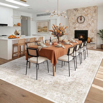 Rugxara 10x14 Extra Large Washable Area Rug, Soft Neutral Vintage Boho Rug for Living Room, Bedroom, Office, Farmhouse, Low Pile Imitation Wool Non Slip Carpet Ideal for High-Traffic Areas, Beige