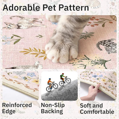 Soalmost Cat 9x12 Pink Area Rugs for Baby Girl Nursery, Washable Animal Floral Vintage Rug Non-Slip Low Pile Soft Throw Rugs for Living Room Dining Room Bedroom Playroom Classroom (9 x 12,Pink)